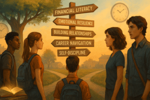 People gathered around a financial literacy sign