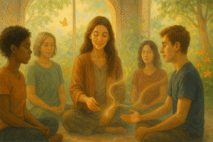 People seated in a circle talking